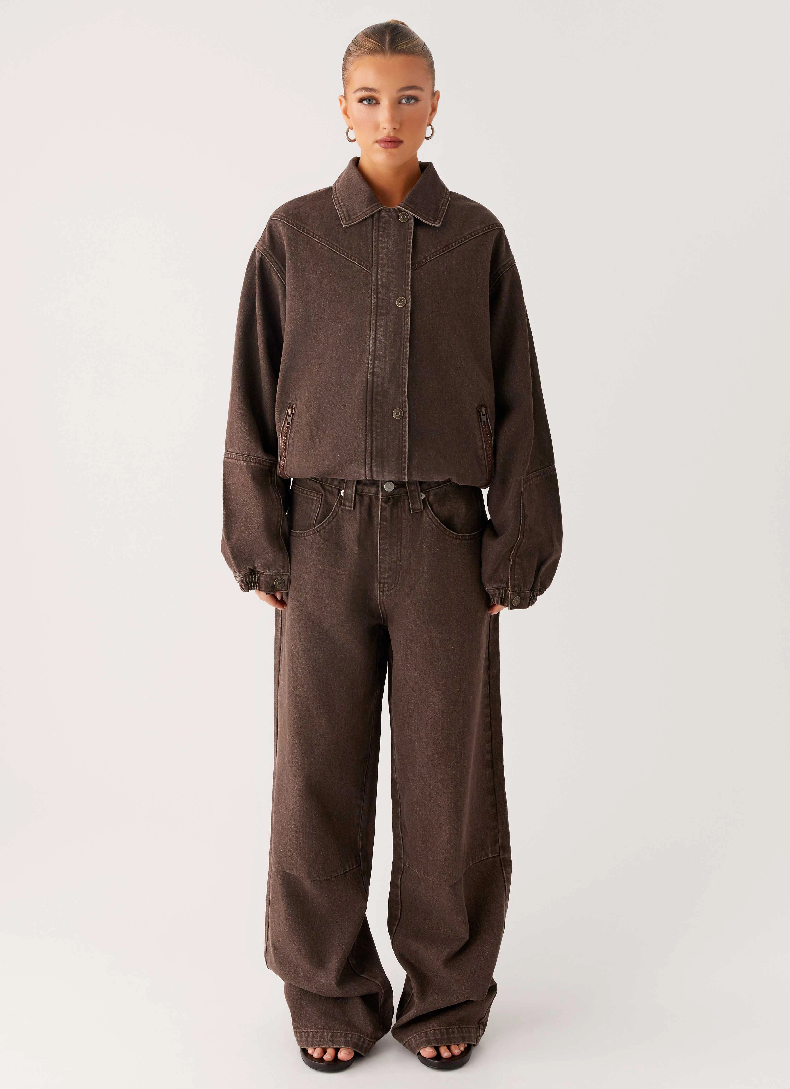Midwest Washed Denim Bomber Jacket - Light Wash Chocolate Water Repellent Coating Light Reflective Zippers