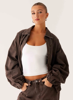 Midwest Washed Denim Bomber Jacket - Light Wash Chocolate AdjustableCuffs Vegan Leather Accents