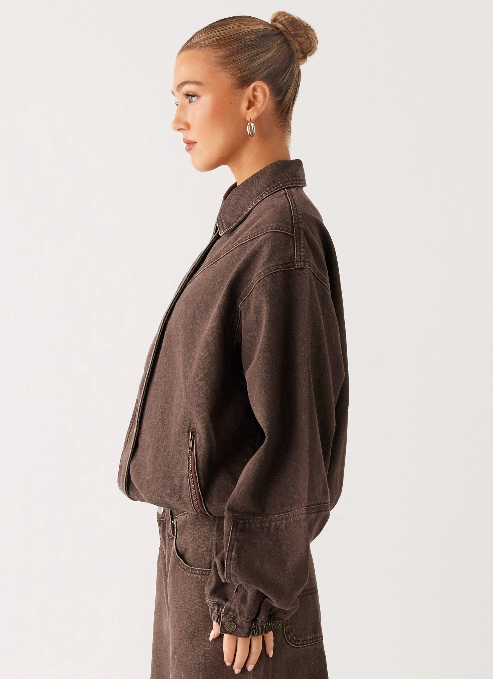 Windproof Technology UV Protective Layer Midwest Washed Denim Bomber Jacket - Light Wash Chocolate