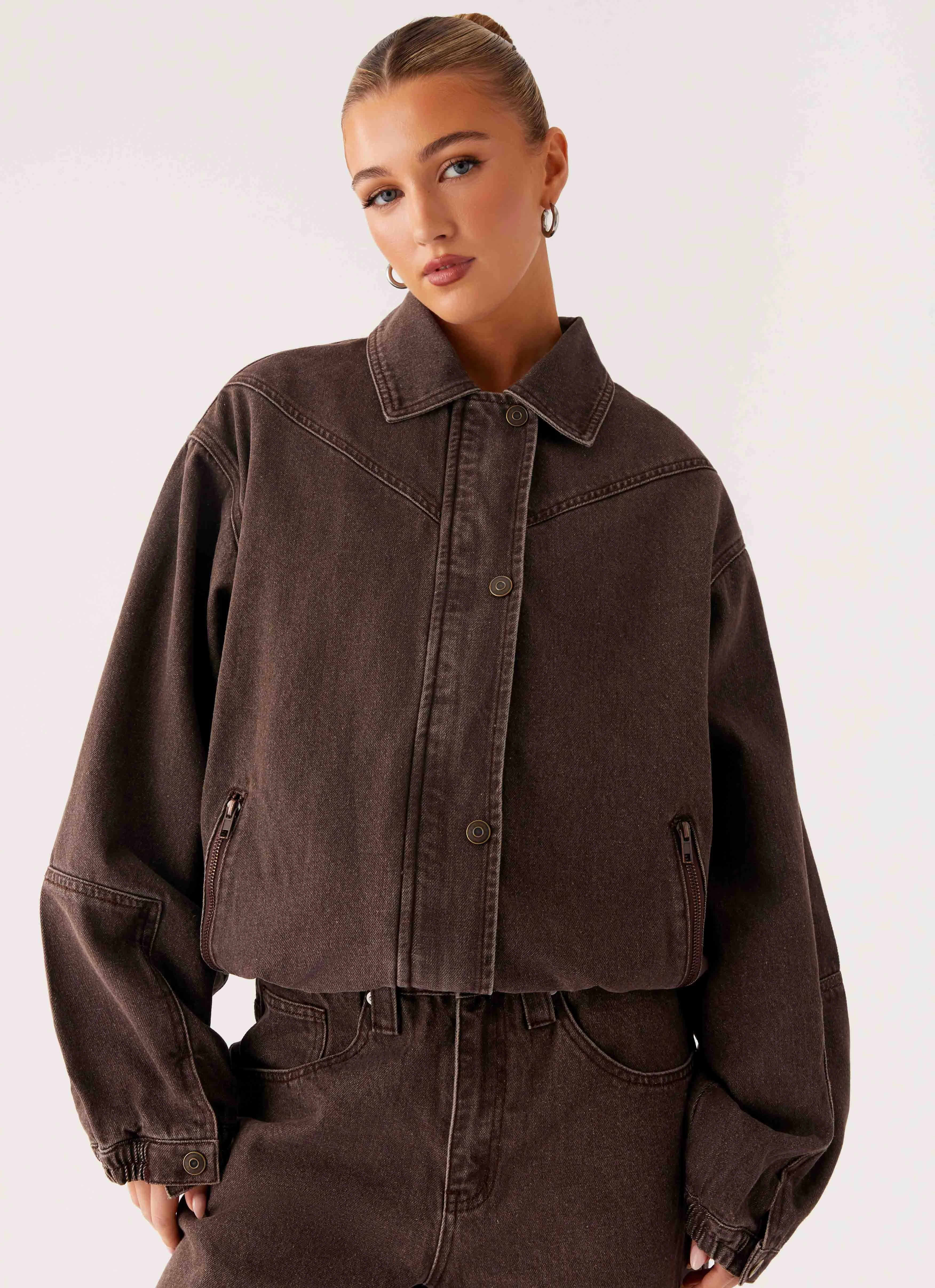 Midwest Washed Denim Bomber Jacket - Light Wash Chocolate Soft Fleece Lining FlexibleHoodDesign
