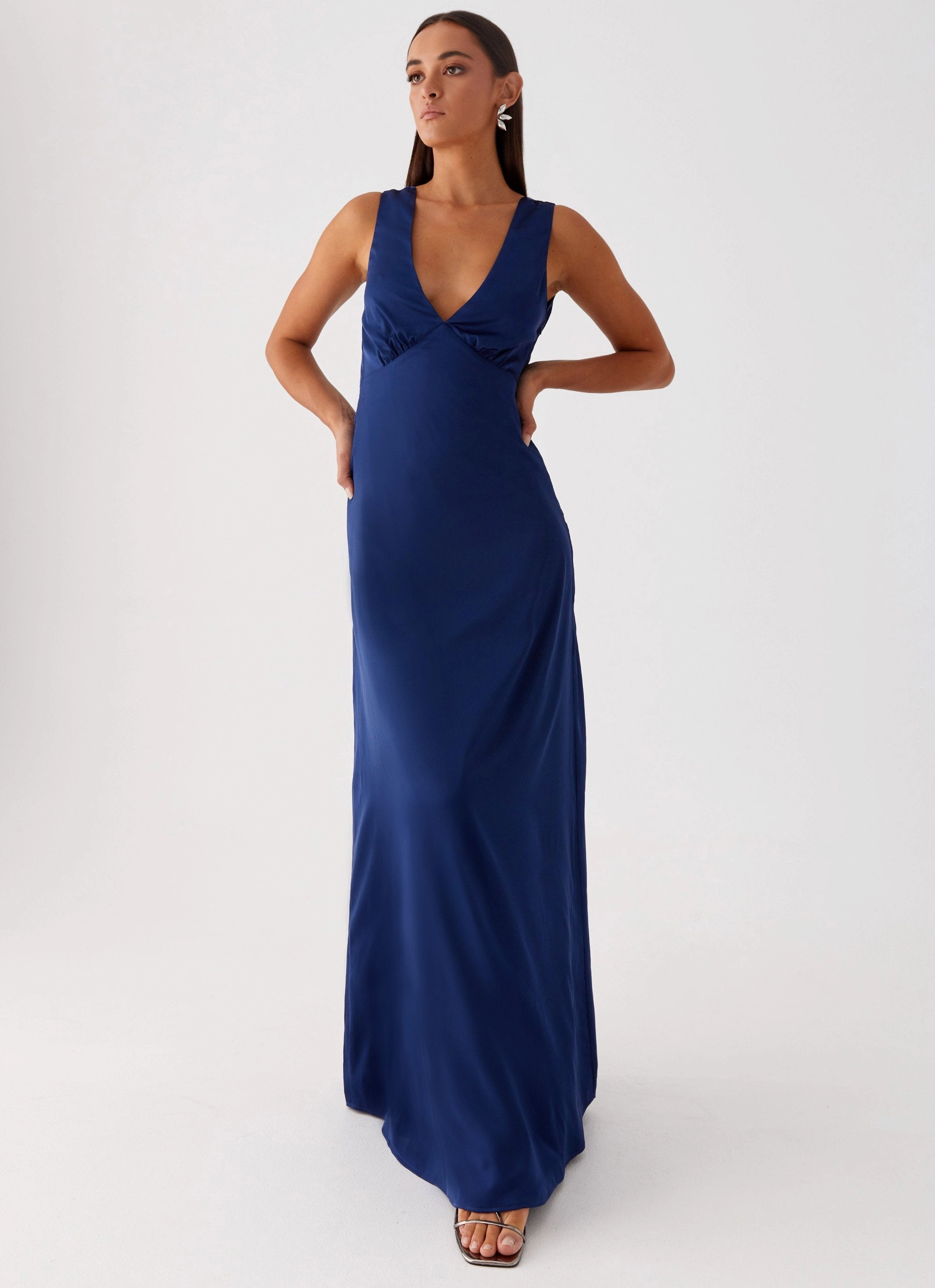 Winnie Cowl Back Maxi Dress - Navy Neutral Layer Embroidered-Sleeve
