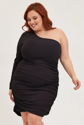 Flowing Lines High-Neck Black Bodycon Dress One Shoulder Long Sleeve Jersey