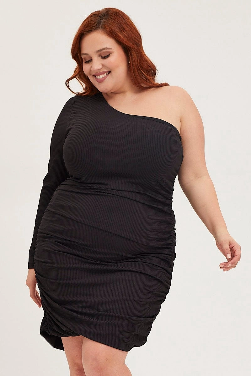 Flowing Lines High-Neck Black Bodycon Dress One Shoulder Long Sleeve Jersey