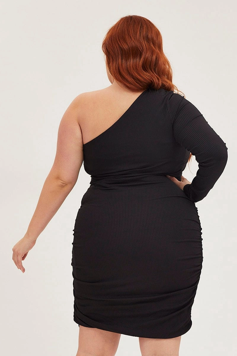 Black Bodycon Dress One Shoulder Long Sleeve Jersey Chill Moment