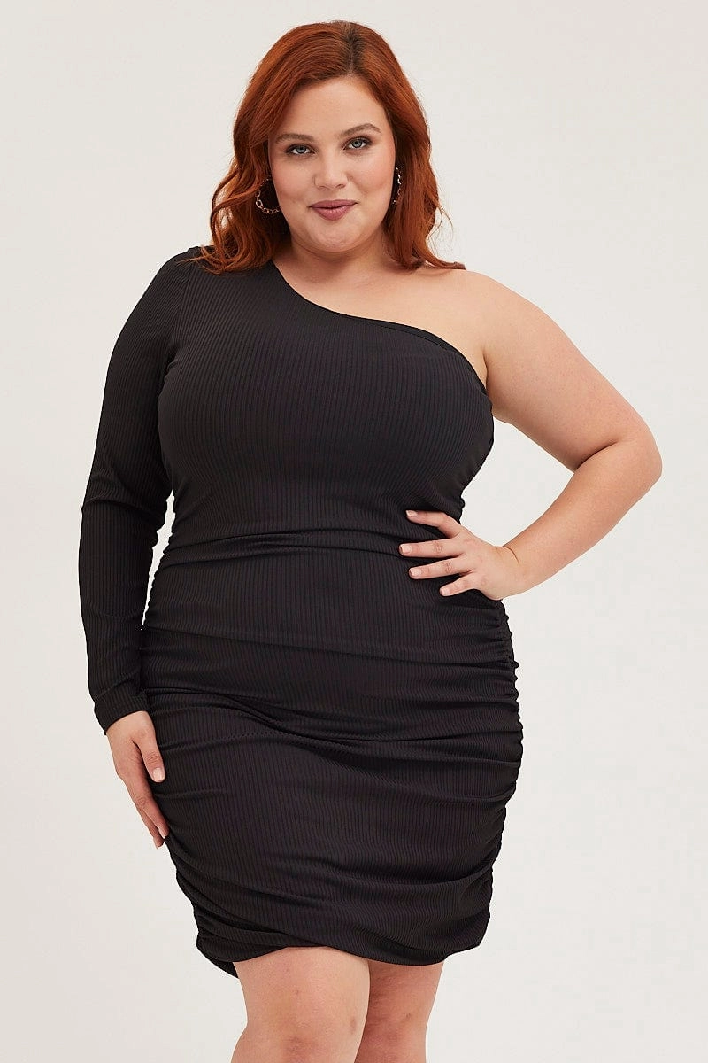 Front Detail High Waist Black Bodycon Dress One Shoulder Long Sleeve Jersey
