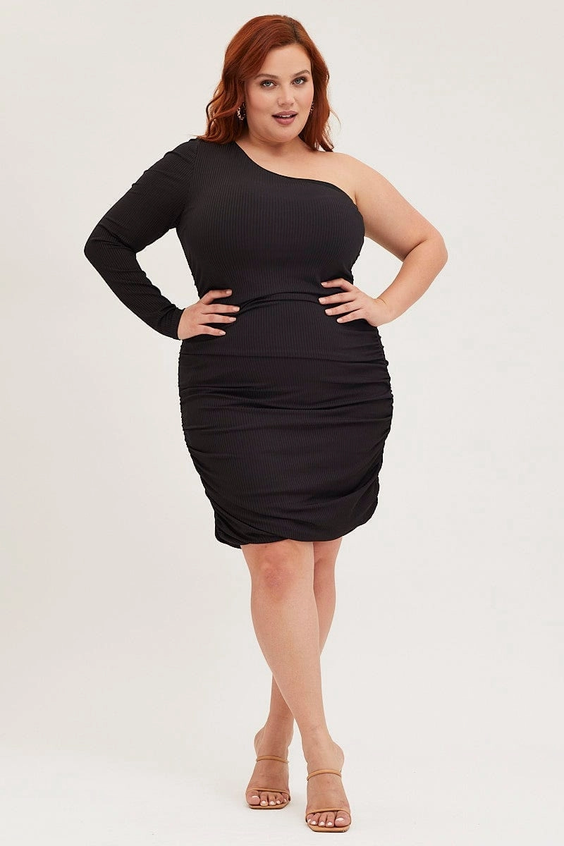 Weekend Edge Peplum-Style Black Bodycon Dress One Shoulder Long Sleeve Jersey