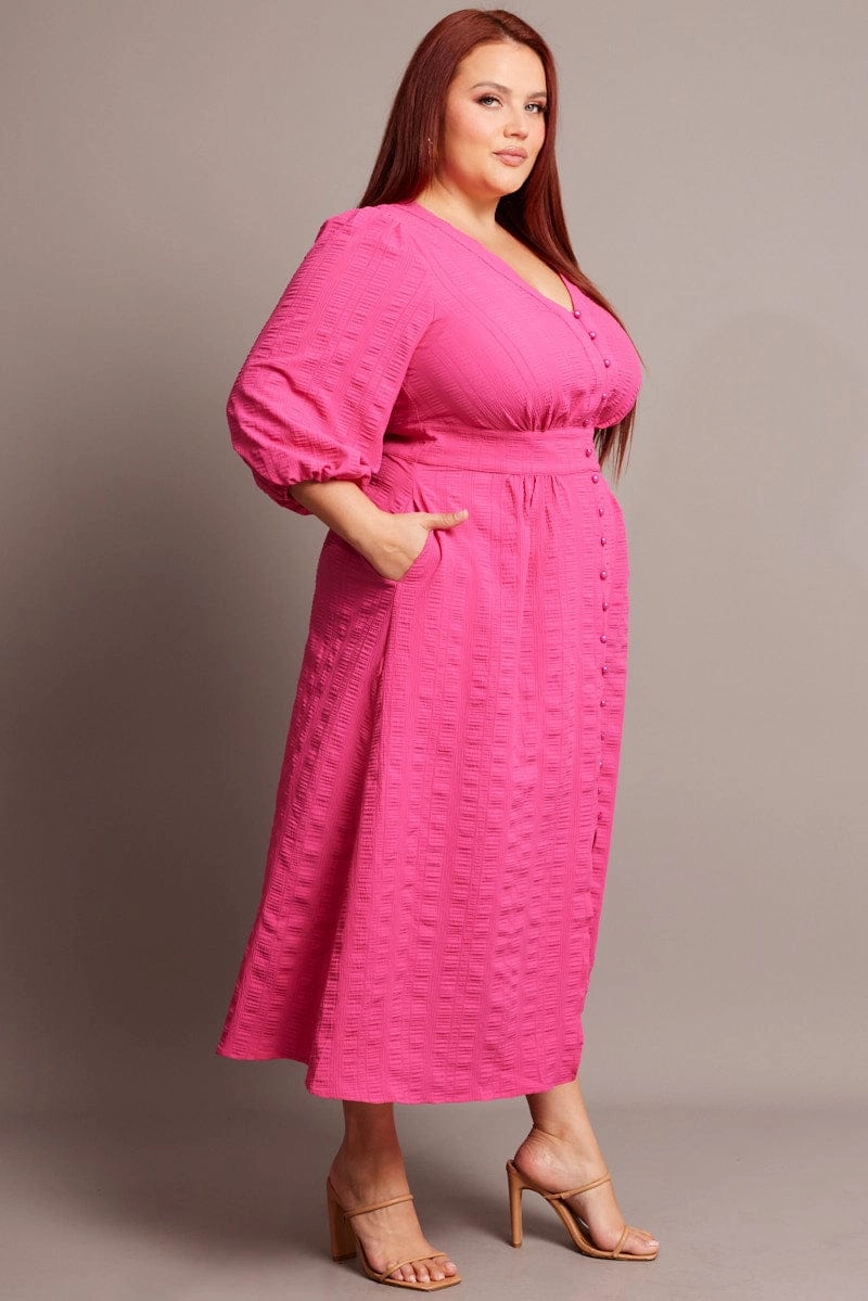 Pink Midi Dress Short Sleeve Textured Sunset Glow