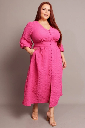 Pink Midi Dress Short Sleeve Textured Modern Appearance Resort-Wear