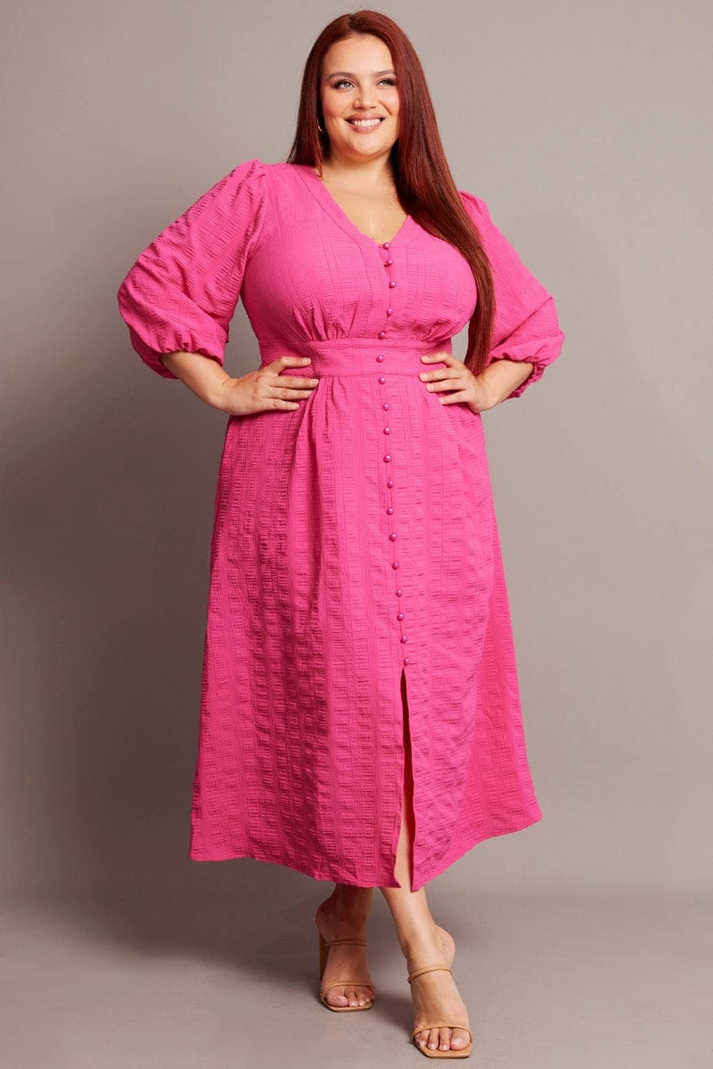 Pink Midi Dress Short Sleeve Textured Business casual Lower Hem