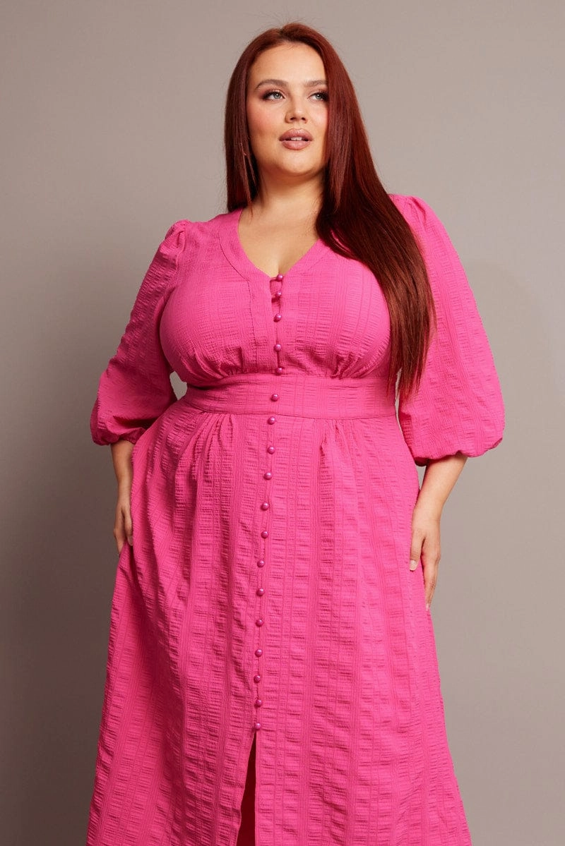 Bow Glow Travel-friendly Pink Midi Dress Short Sleeve Textured
