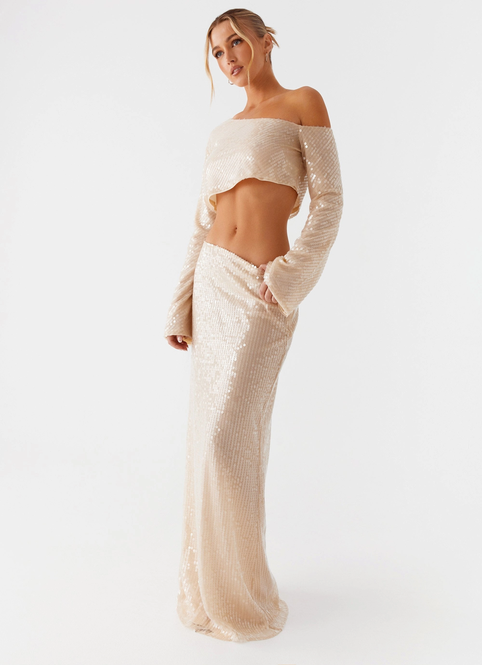 Comfort Mood Silicone Grip Trim Wisteria Low Rise Sequin Maxi Skirt - Champagne