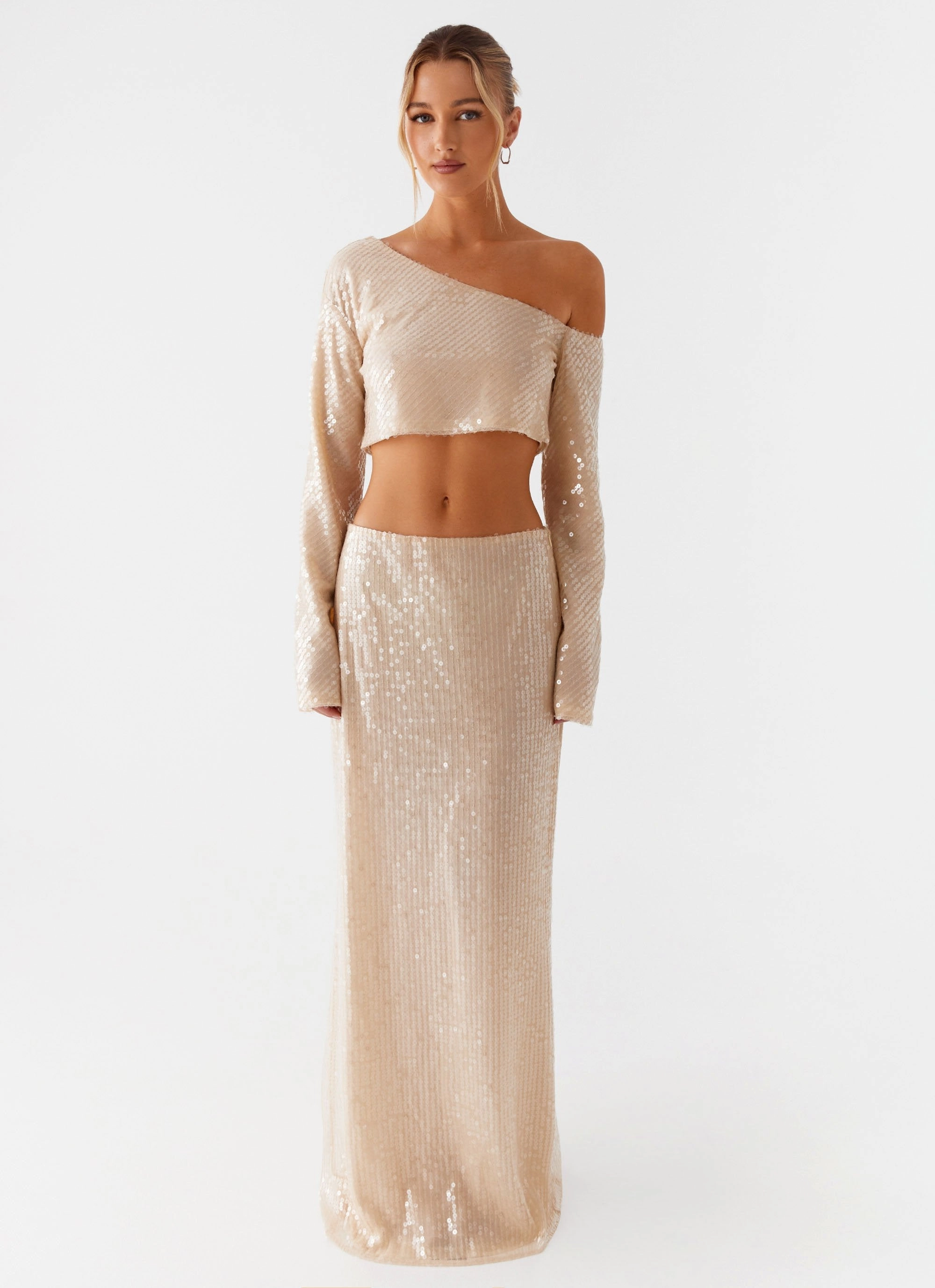Gentle Flow Wisteria Low Rise Sequin Maxi Skirt - Champagne