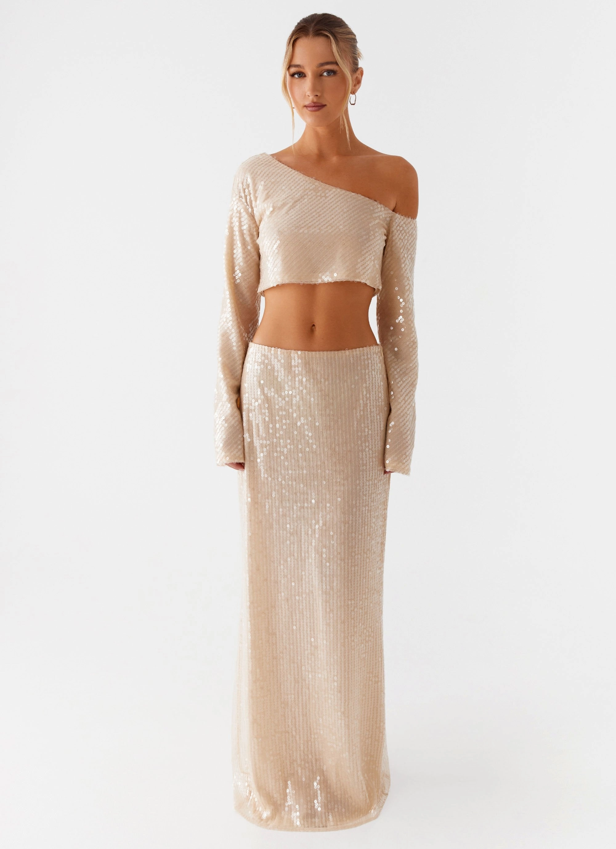 Wisteria Off Shoulder Long Sleeve Sequin Top - Champagne Roof