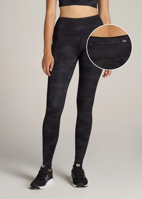 Sporty Comfort Fit Women's Active Tall Leggings with Pockets in Grey Camo