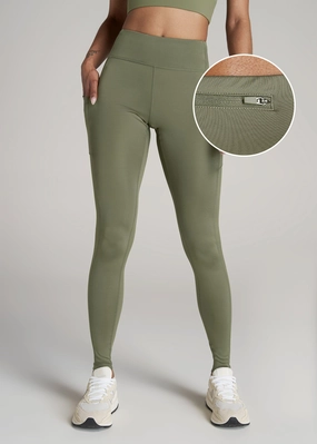 Women's Active Tall Leggings with Pockets in Olive Grid Pattern Ultimate Comfort Waistband