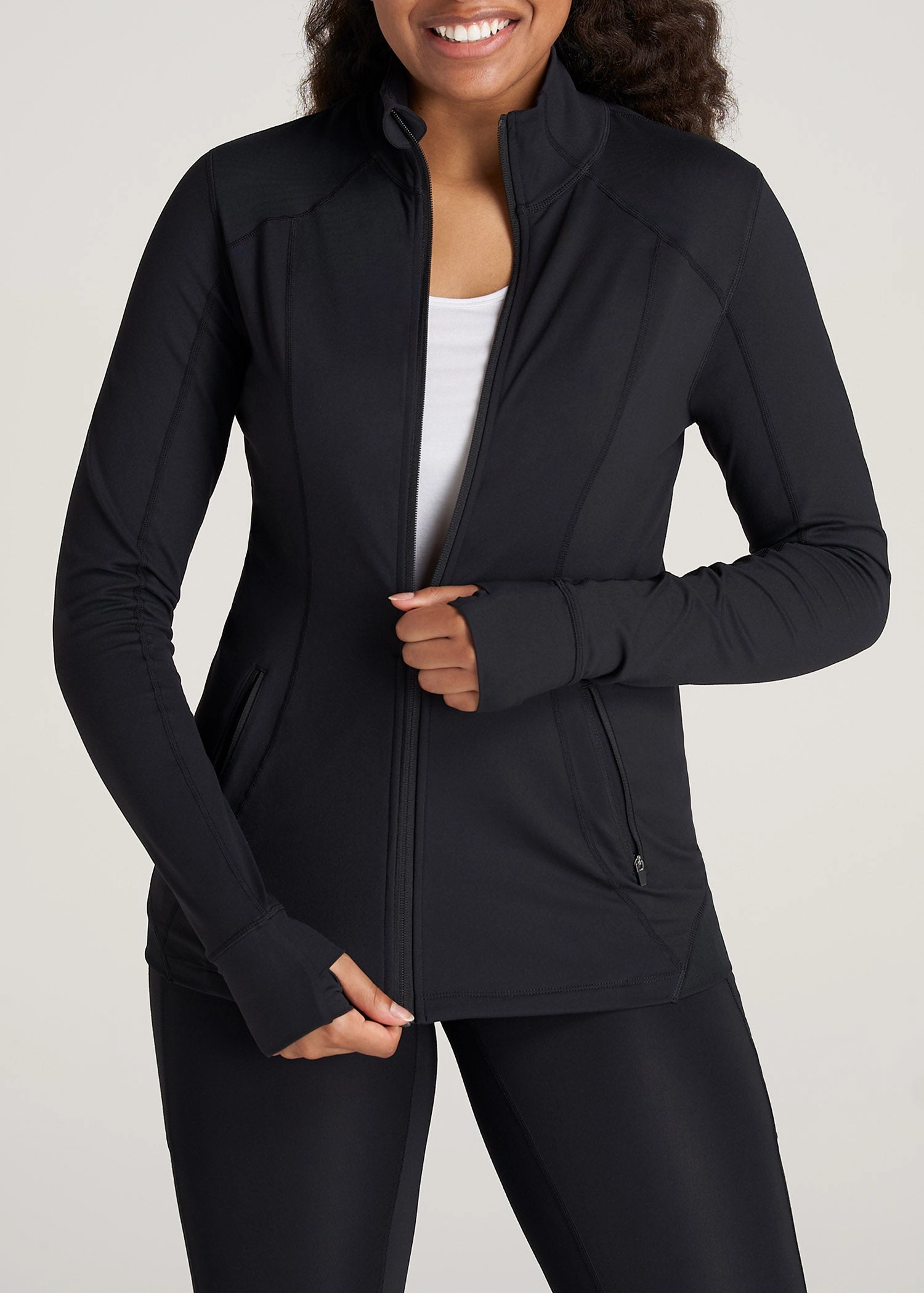 Contrast Stitch Women's Athletic Zip-Up Jacket in Black