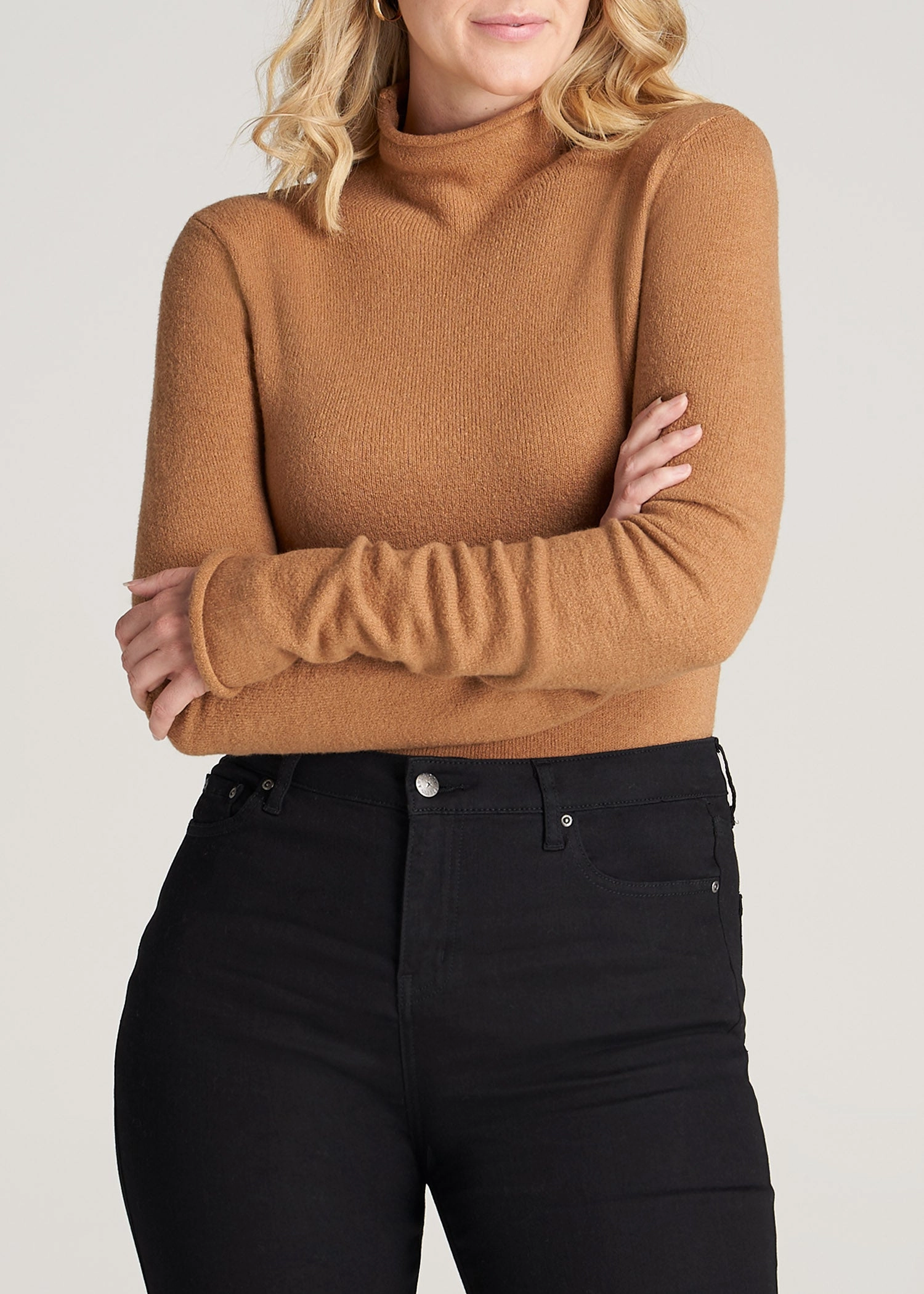 Stylish Comfort Layer Bold Women's Tall Rolled Mock Neck Sweater in Caramel