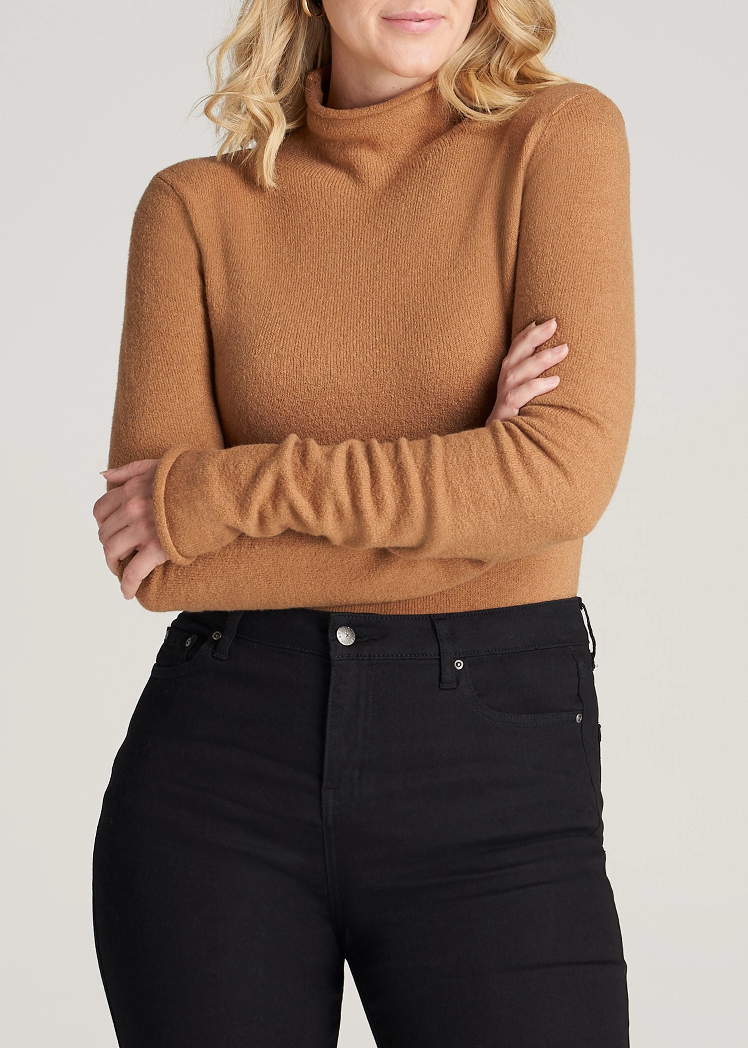 Women's Tall Rolled Mock Neck Sweater in Caramel Classic Fit full sleeve