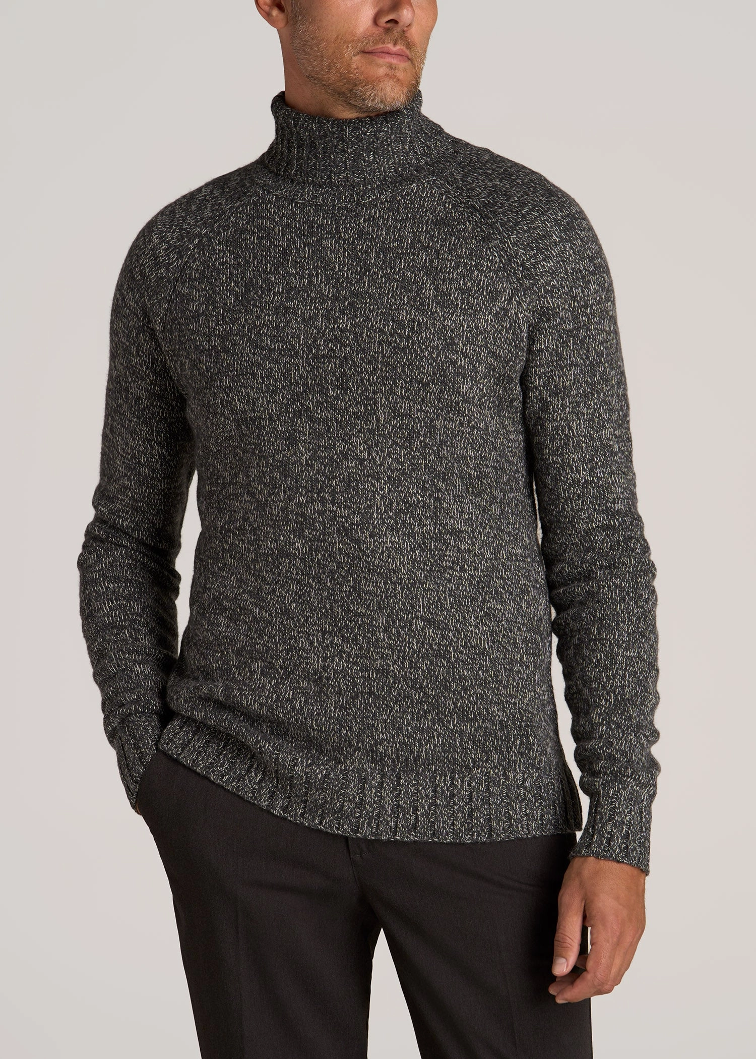 product party ready excitement Smart Casual Wool Blend Marled Men's Tall Turtleneck in Charcoal Multi