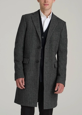Wool Coat for Tall Men in Grey and Black Herringbone Snag Free Zipper Technology