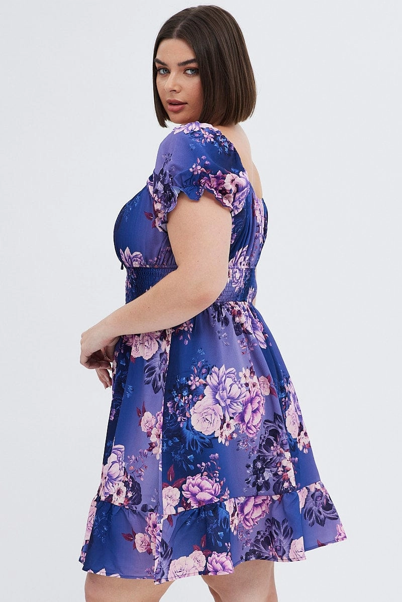 Multi Floral Skater Dress Short Puff Sleeve Crepe Tie Neck High Hemline