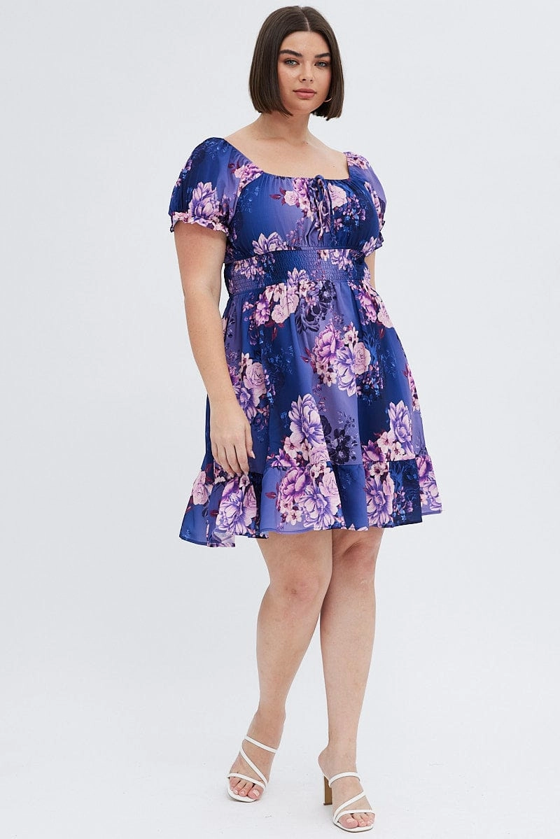 Sleek Movement Calm Style Multi Floral Skater Dress Short Puff Sleeve Crepe Tie Neck