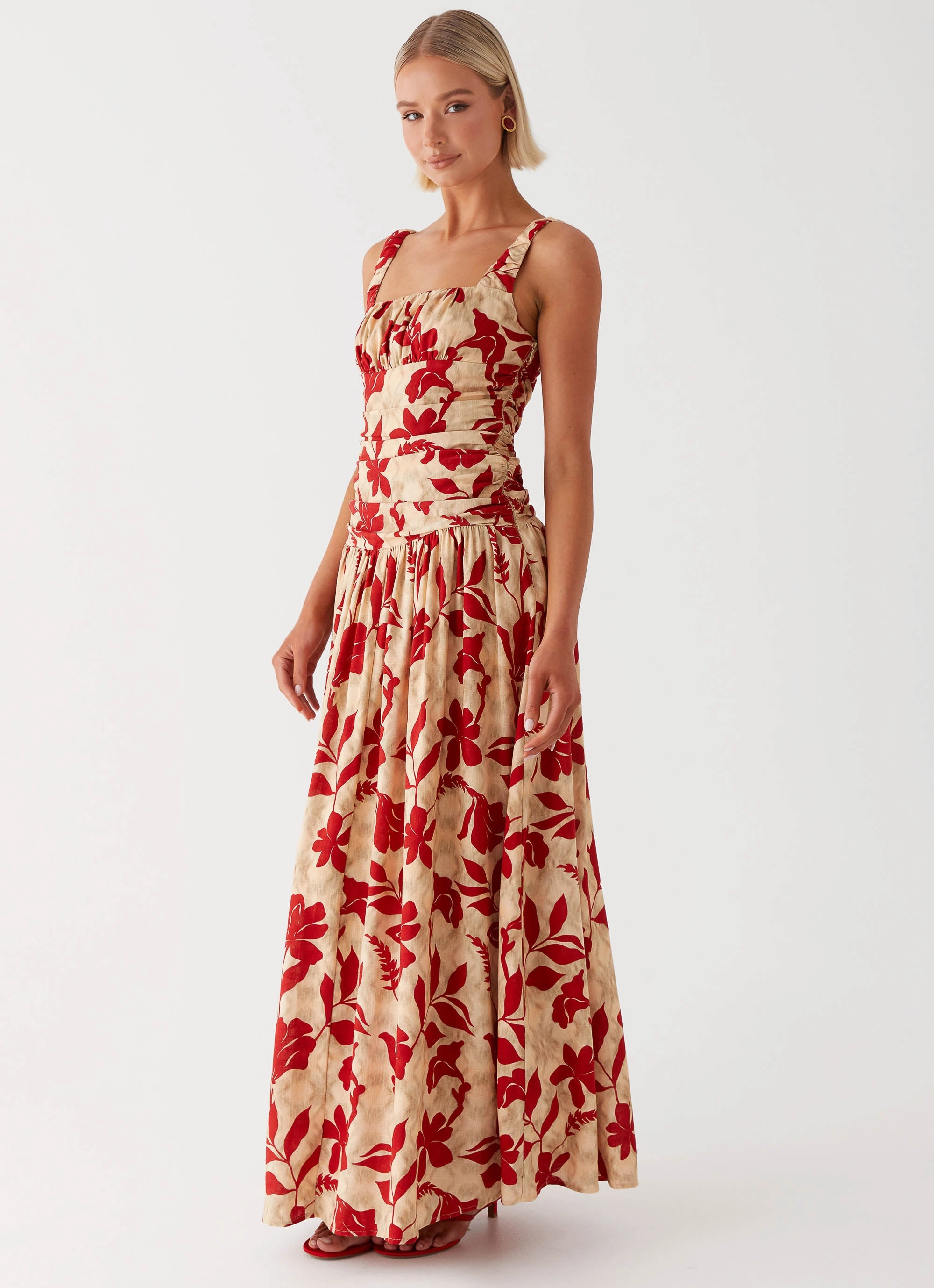 Zinna Linen Maxi Dress - Red Natural Form Fall Tone