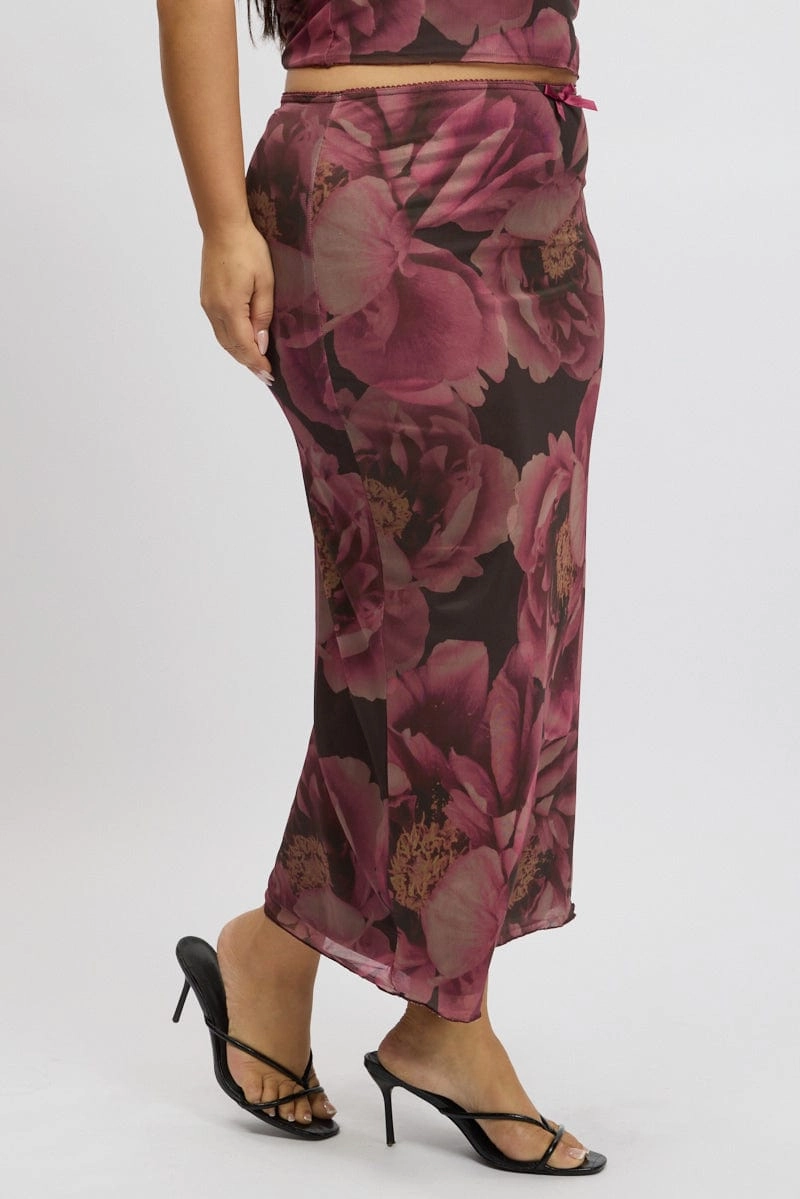 Comfy Look Street Style Multi Floral Mesh Skirt With Bow Trim