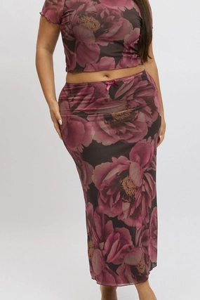 Draped Design Multi Floral Mesh Skirt With Bow Trim