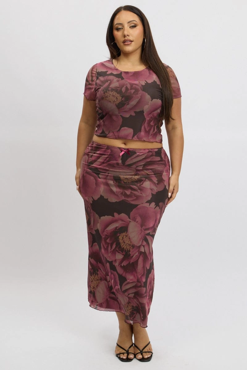 Multi Floral Mesh Skirt With Bow Trim Relaxed Vibe