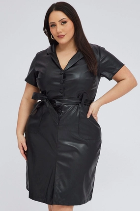 Understated Glam Black Faux Leather Dress Knee Length Short Sleeve Belt