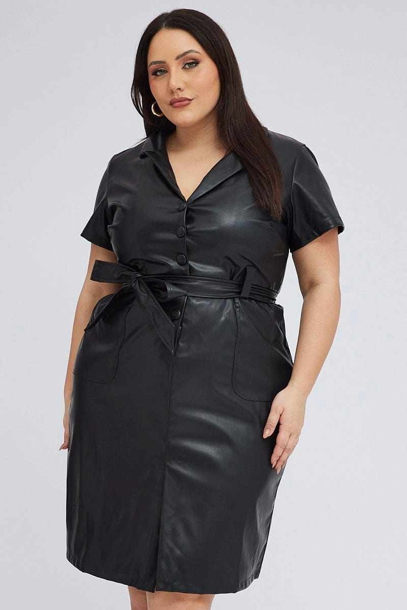 Fashion-Forward Mood Edge Black Faux Leather Dress Knee Length Short Sleeve Belt