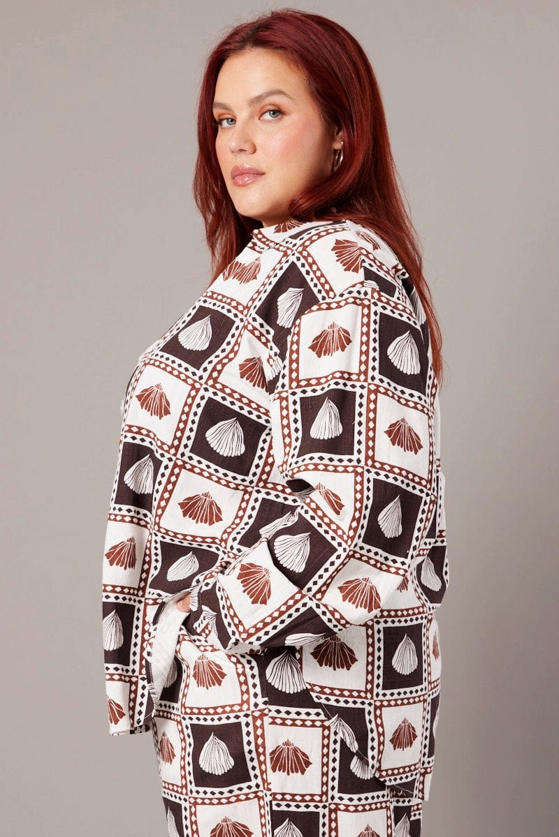 Anti Static Finish Brown Abstract Relaxed Shirt Long Sleeve Linen Blend