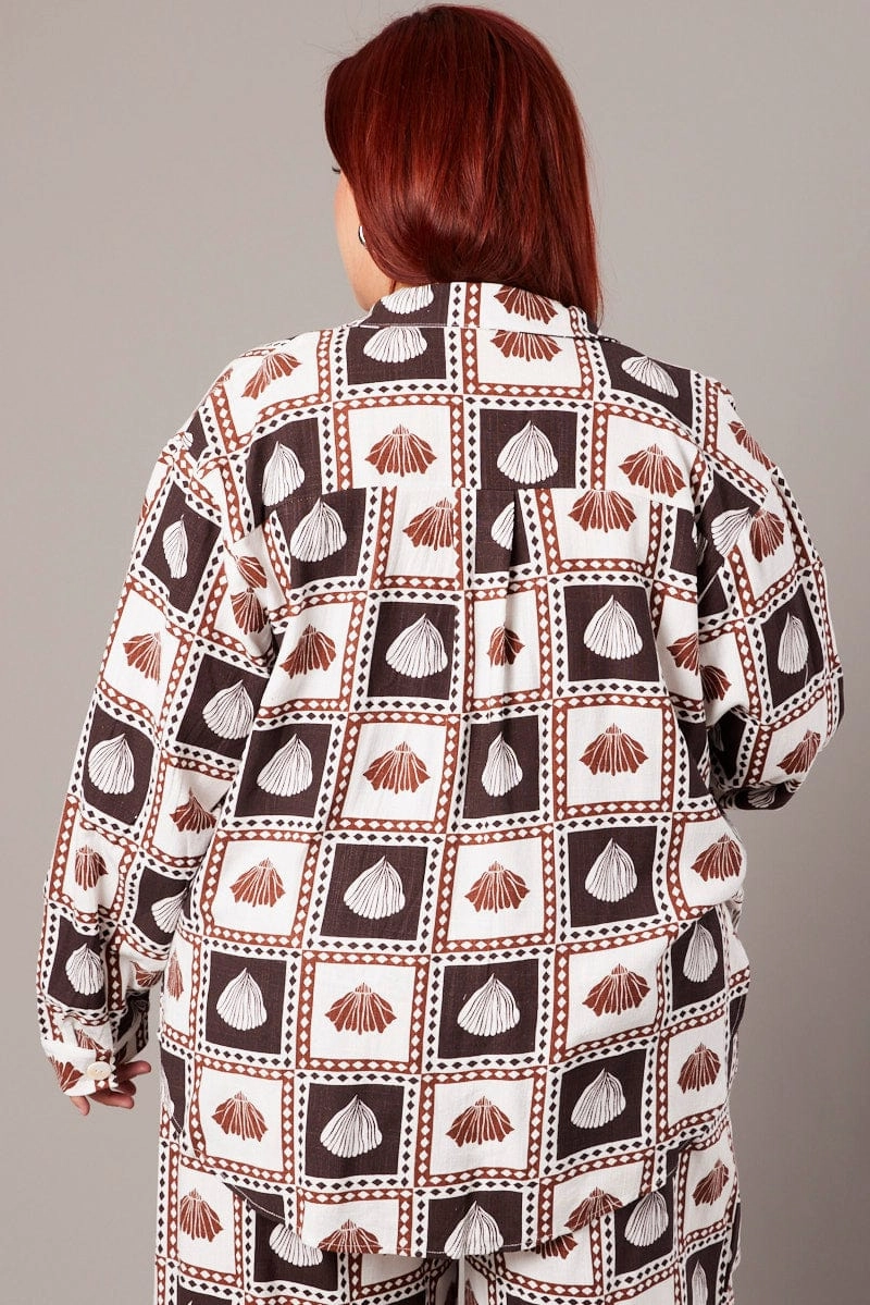 Resort Wear Lightweight Feel Brown Abstract Relaxed Shirt Long Sleeve Linen Blend