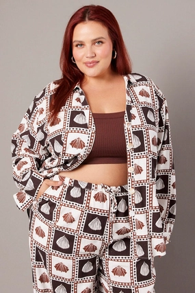 Premium Pima Cotton Casual Sophistication Brown Abstract Relaxed Shirt Long Sleeve Linen Blend