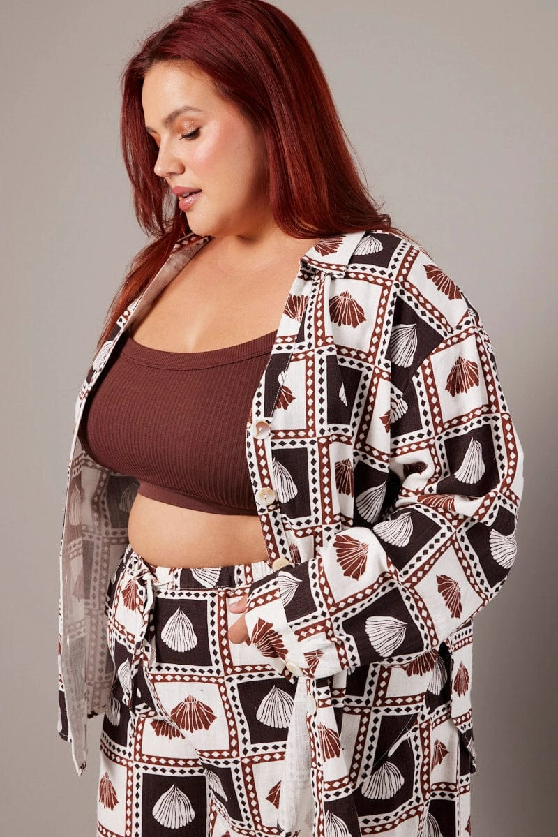 Lightweight texture Brown Abstract Relaxed Shirt Long Sleeve Linen Blend