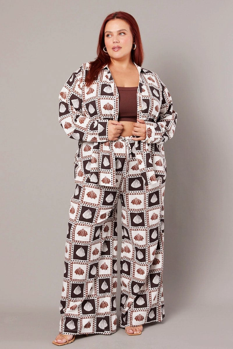 Mix-And-Match No Slip Shoulder Grips Brown Abstract Relaxed Shirt Long Sleeve Linen Blend