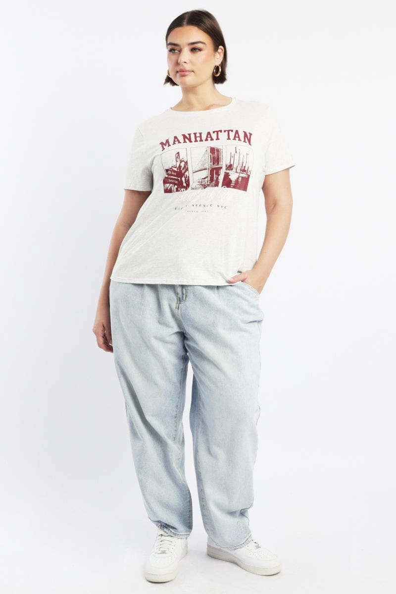 Low carbon footprint Non-toxic Grey Graphic T Shirt Short Sleeve Crew Neck