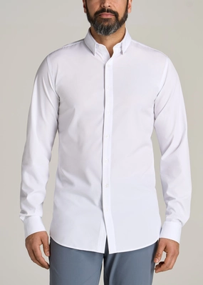 Traveler Stretch Dress Shirt for Tall Men in White Breathable Microfiber Adjustable drawstring