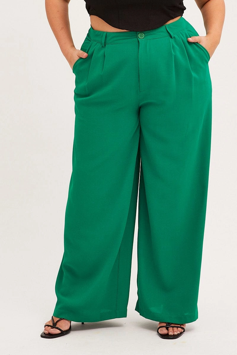 Green Wide Leg Pant Crepe Flex Fit Design Formal Look