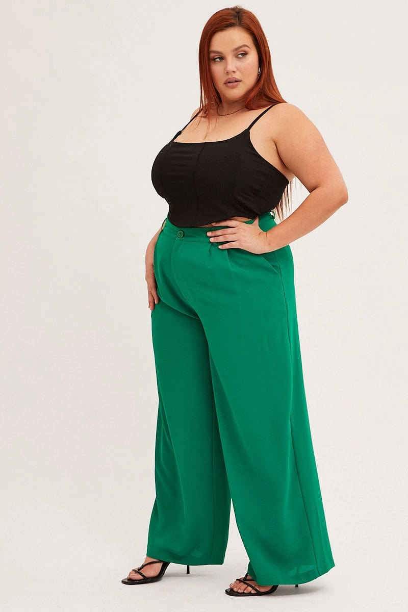 Green Wide Leg Pant Crepe Stretching Fit Perfect Look