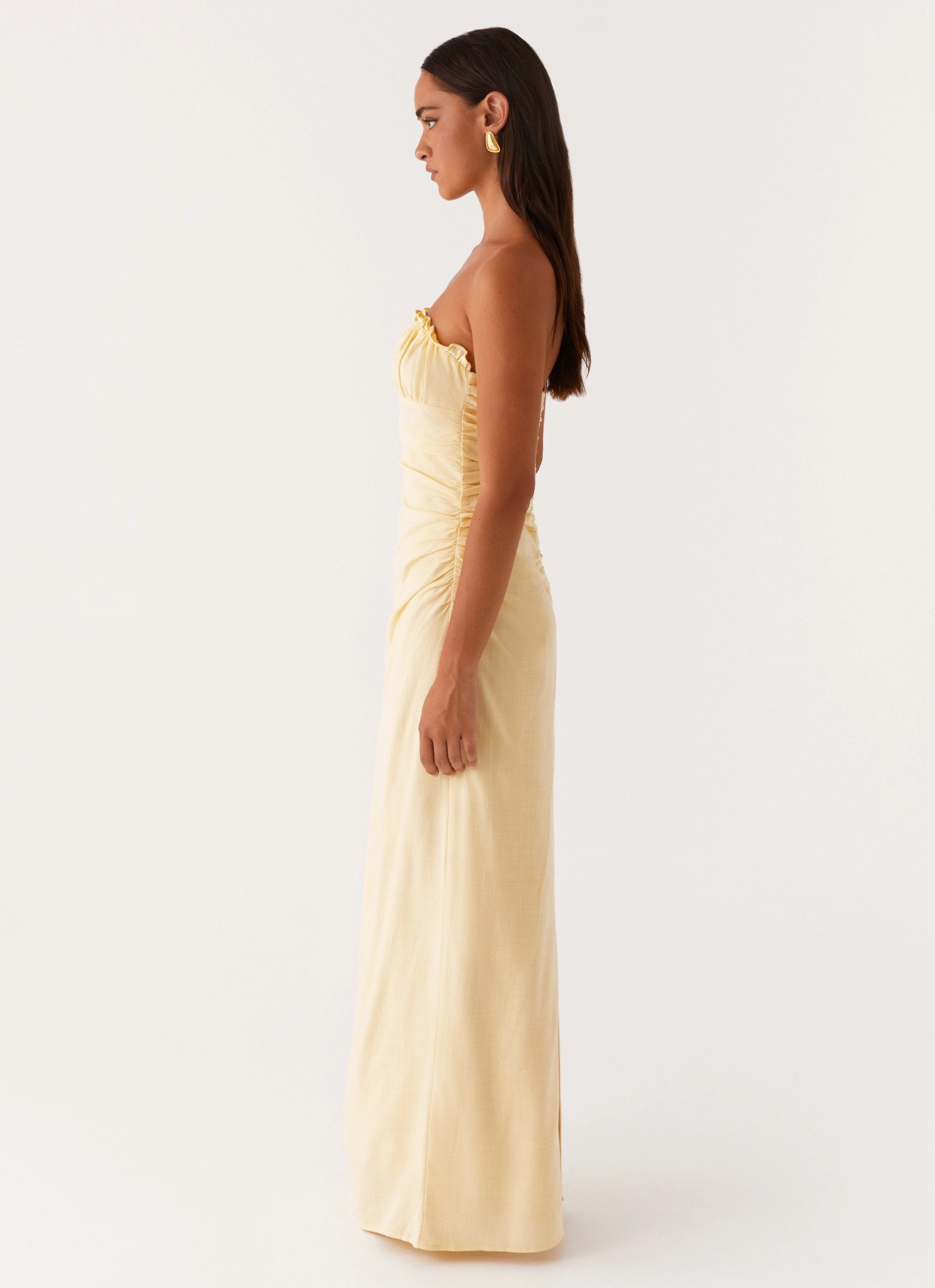 Lace-Sleeve Tulle Flow Xena Gathered Maxi Dress - Yellow