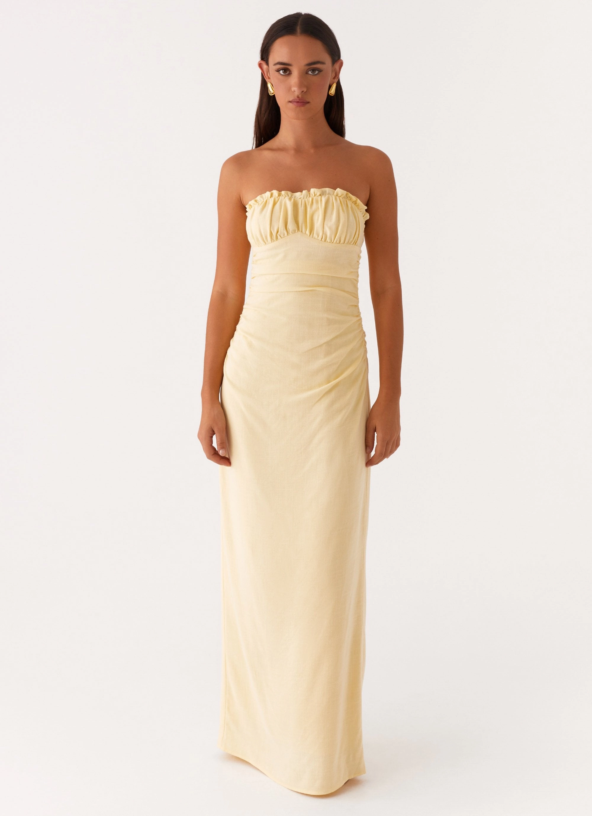 Xena Gathered Maxi Dress - Yellow spring outfit Draped Layer