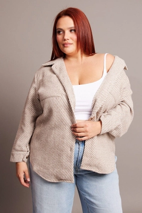Beige Textured Effect Brushed Shacket Articulated Sleeves Day Hike Style