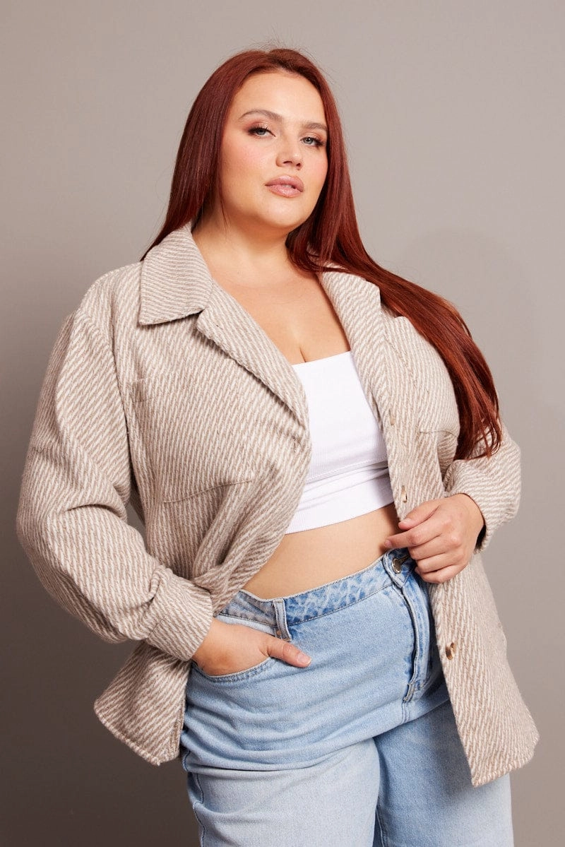 Beige Textured Effect Brushed Shacket Winter Fit Fleece Lined Interior