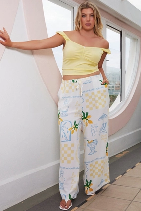 Flattering Cut Water Repellent Coating Yellow Abstract Wide Leg Pants