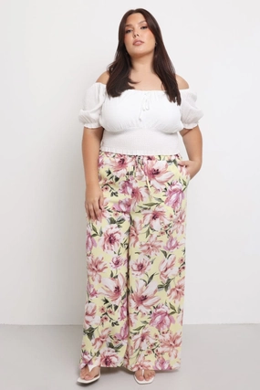 Long Wear Yellow Floral Drawstring Waist Floral Wide Leg Pants