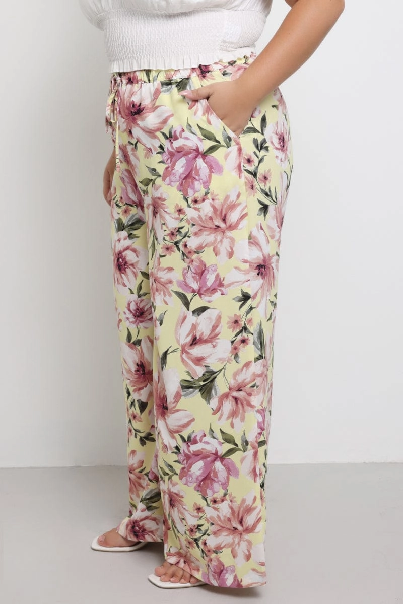 Yellow Floral Drawstring Waist Floral Wide Leg Pants Mesh Panel