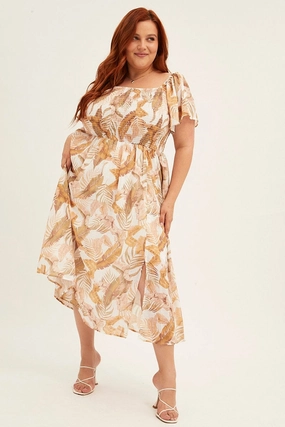 Yellow Floral Midi Dress Short Sleeve Shirred Back Tie Dress Sleek Design Fit Pleated-Texture
