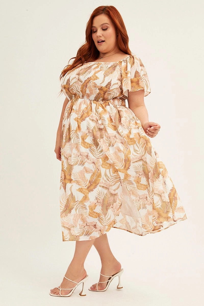Smile Soft Yellow Floral Midi Dress Short Sleeve Shirred Back Tie Dress